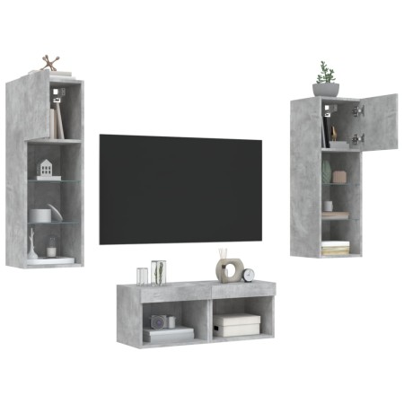 Mobili TV a Muro 4pz con Luci LED Grigio Cemento