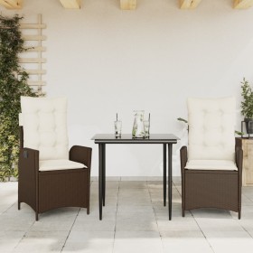 Set da Pranzo da Giardino 3pz con Cuscini in Polyrattan Marrone