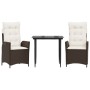 Set da Pranzo da Giardino 3pz con Cuscini in Polyrattan Marrone