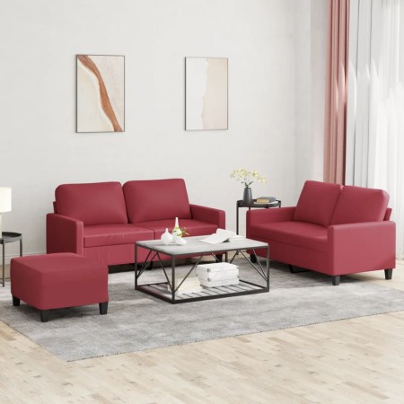 Set di Divani 3 pz con Cuscini Rosso Vino in Similpelle