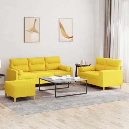 Set di Divani 3 pz con Cuscini Giallo Chiaro in Tessuto