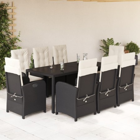 Set da Pranzo da Giardino 9 pz con Cuscini Nero in Polyrattan