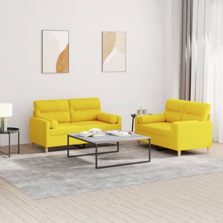 Set di Divani 2 pz con Cuscini Giallo Chiaro in Tessuto