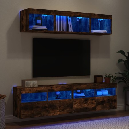 Mobili TV a Muro con LED 5pz Rovere Fumo in Legno Multistrato