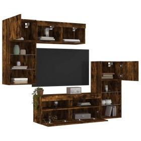 Mobili TV a Muro con LED 5pz Rovere Fumo in Legno Multistrato