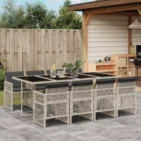 Set Pranzo da Giardino 9pz con Cuscini Grigio Chiaro Polyrattan