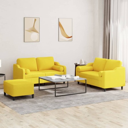 Set di Divani 3 pz con Cuscini Giallo Chiaro in Tessuto