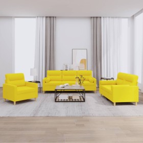 Set di Divani 3 pz con Cuscini Giallo Chiaro in Tessuto