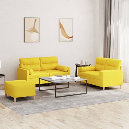 Set di Divani 3 pz con Cuscini Giallo Chiaro in Tessuto