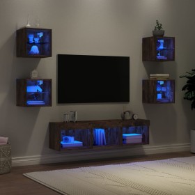 Mobili TV a Muro con LED 7pz Rovere Fumo in Legno Multistrato