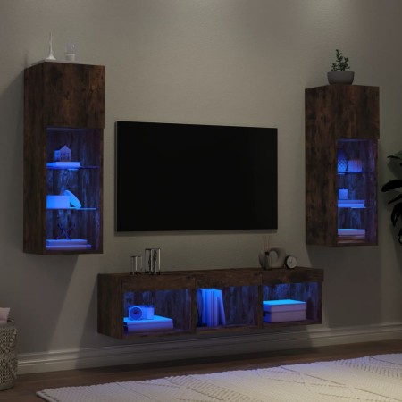 Mobili TV a Muro con LED 5pz Rovere Fumo in Legno Multistrato