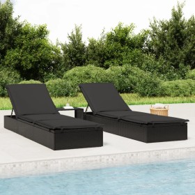 Lettino Prendisole 1 pz con Tavolino Nero in Polyrattan