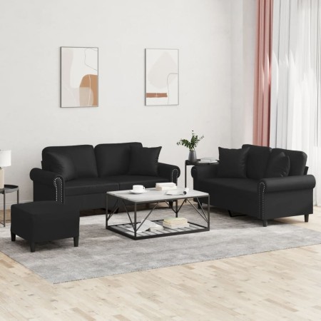 Set di Divani 3 pz con Cuscini Nero in Similpelle