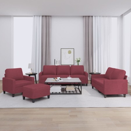 Set di Divani 4 pz con Cuscini Rosso Vino in Tessuto