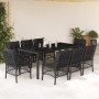 Set da Pranzo da Giardino 9 pz con Cuscini Nero in Polyrattan