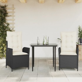 Set da Pranzo da Giardino 3 pz con Cuscini Nero in Polyrattan