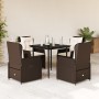 Set da Pranzo da Giardino 5pz con Cuscini in Polyrattan Marrone