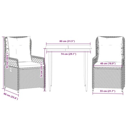 Set da Pranzo da Giardino 3 pz con Cuscini Beige in Polyrattan