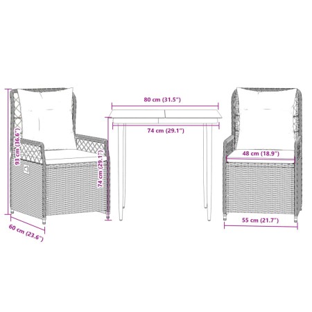 Set da Pranzo da Giardino 3pz con Cuscini in Polyrattan Marrone