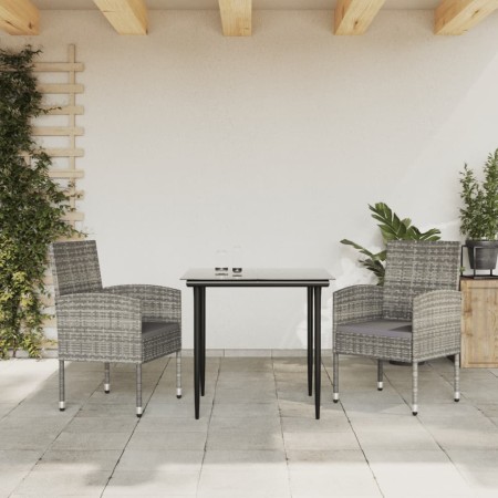 Set da Pranzo da Giardino 3 pz Nero Grigio Polyrattan e Acciaio