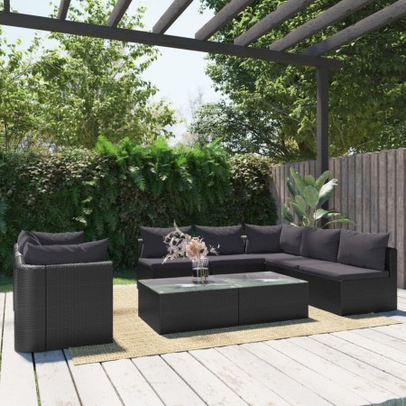 Set Divani da Giardino 9 pz con Cuscini in Polyrattan Nero