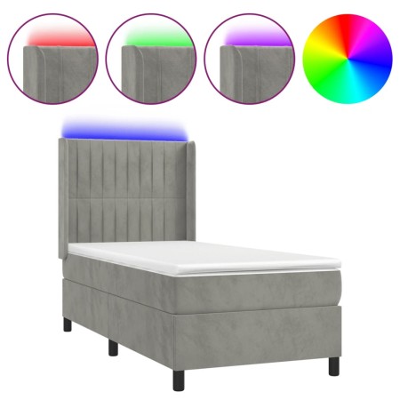 Letto a Molle Materasso e LED Grigio Chiaro 90x200 cm Velluto