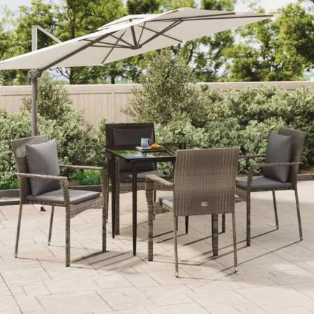 Set da Pranzo Giardino 5pz Nero e Grigio con Cuscini Polyrattan