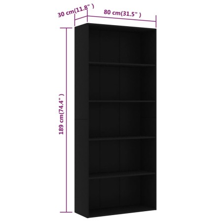 Libreria a 5 Ripiani Nera 80x30x189 cm in Legno Multistrato