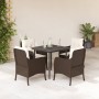 Set da Pranzo da Giardino 5pz con Cuscini in Polyrattan Marrone