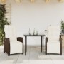 Set da Pranzo da Giardino 3pz con Cuscini in Polyrattan Marrone