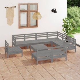 Set Salotto da Giardino 10 pz in Legno Massello di Pino Grigio