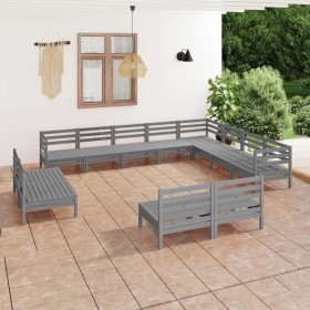 Set Salotto da Giardino 12 pz in Legno Massello di Pino Grigio