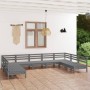 Set Salotto da Giardino 9 pz Grigio in Legno Massello di Pino