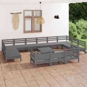 Set Salotto da Giardino 14 pz in Legno Massello di Pino Grigio