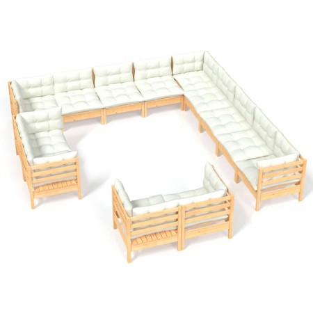 Set Divani da Giardino 13 pz con Cuscini Crema Massello di Pino