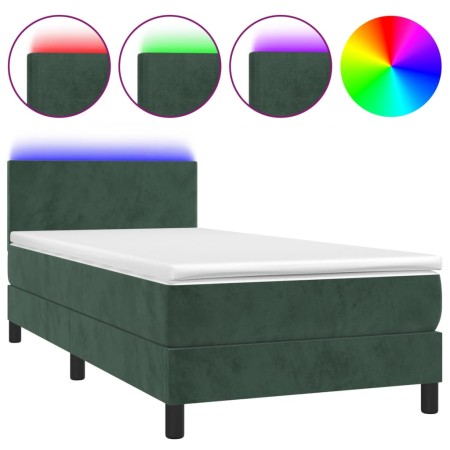 Letto a Molle con Materasso e LED Verde Scuro 90x200cm Velluto