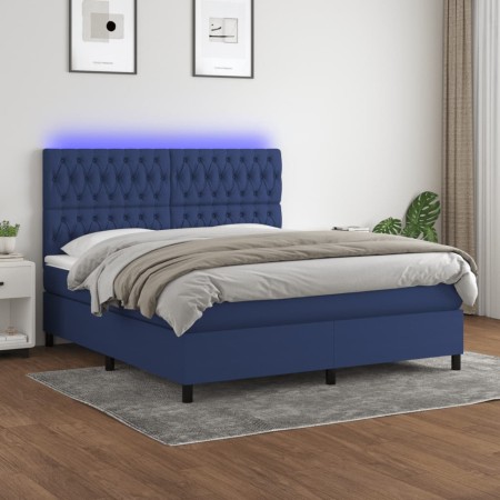 Letto a Molle con Materasso e LED Blu 180x200 cm in Tessuto