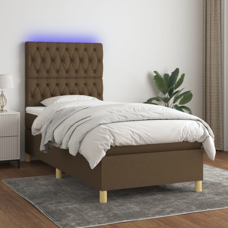 Letto a Molle Materasso e LED Marrone Scuro 90x200cm in Tessuto