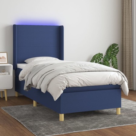 Letto a Molle con Materasso e LED Blu 90x200 cm in Tessuto