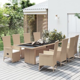 Set da Pranzo da Giardino 9 pz con Cuscini Beige in Polyrattan