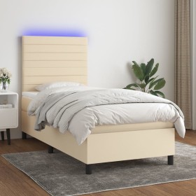 Letto a Molle con Materasso e LED Crema 90x190 cm in Tessuto