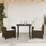 Set da Pranzo da Giardino 3pz con Cuscini in Polyrattan Marrone