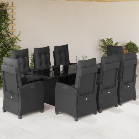 Set da Pranzo da Giardino 9 pz con Cuscini Nero in Polyrattan