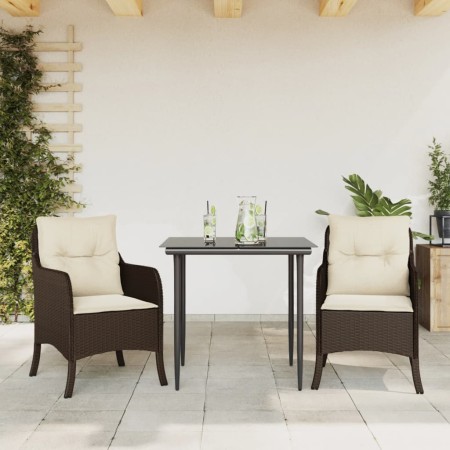 Set da Pranzo da Giardino 3pz con Cuscini in Polyrattan Marrone