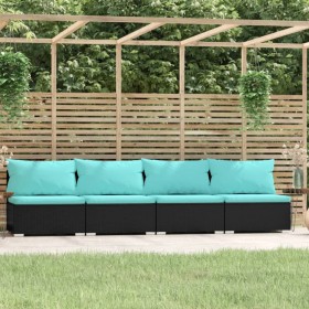 Divano a 4 Posti con Cuscini in Polyrattan Nero