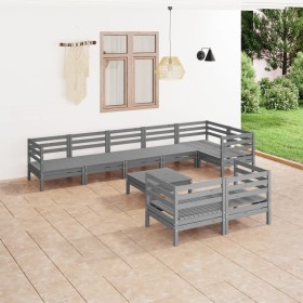 Set Salotto da Giardino 9 pz in Legno Massello di Pino Grigio