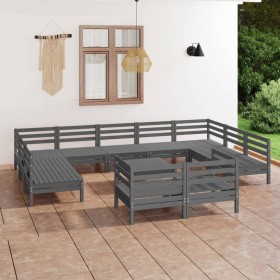 Set Salotto da Giardino 12 pz Grigio in Legno Massello di Pino