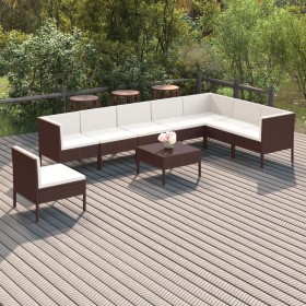 Set Divani da Giardino 9 pz con Cuscini in Polyrattan Marrone