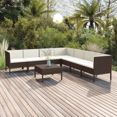 Set Divani da Giardino 8 pz con Cuscini in Polyrattan Marrone