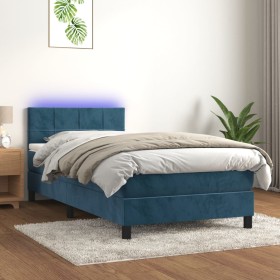 Letto a Molle con Materasso e LED Blu Scuro 90x200cm in Velluto